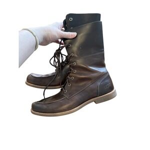 UGG Leather Lace Up Tall Boots Brown‎ Moc Toe Casual Comfort Size 11.5
